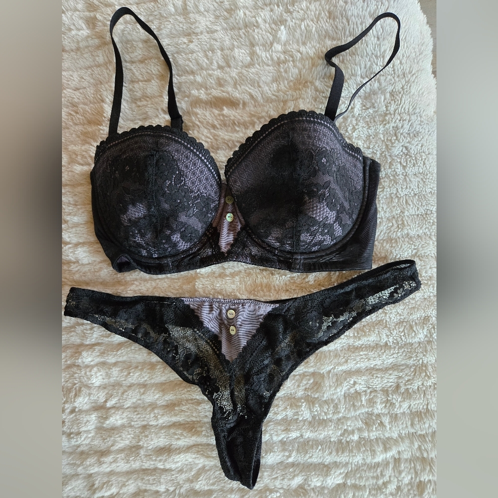 Adore Me Black and Purple Lace Bra Set